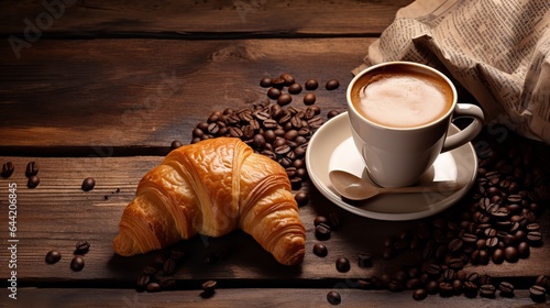 Newspaper, fresh croissant, and takeout coffee on a wooden background