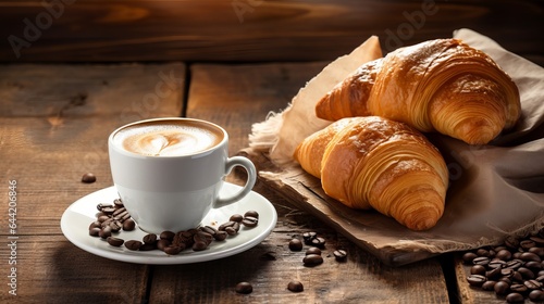Newspaper, fresh croissant, and takeout coffee on a wooden background