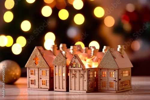 Wooden toy house with garlands and bokeh in the background. Christmas theme.