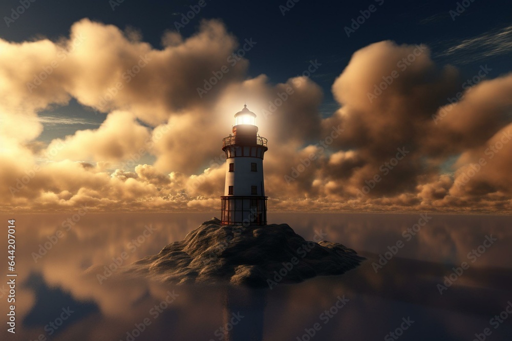 An illuminated lighthouse rests atop gentle dusky clouds in a three-dimensional representation. Generative AI