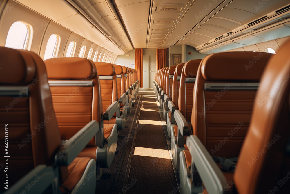 Airplane seats and interior. Airplane interior.