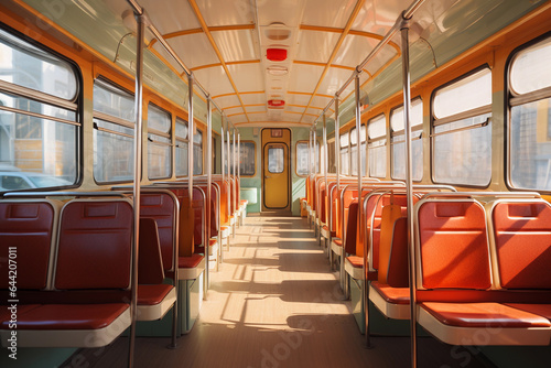 Bus or trolleybus seats. Bus interior.