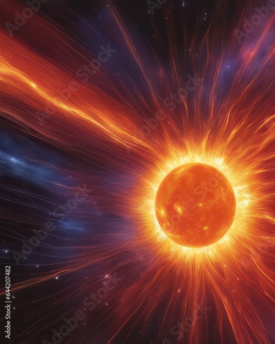 An eruption of energy on the surface of the Sun during a solar flare. Rays of energy spread out in all directions