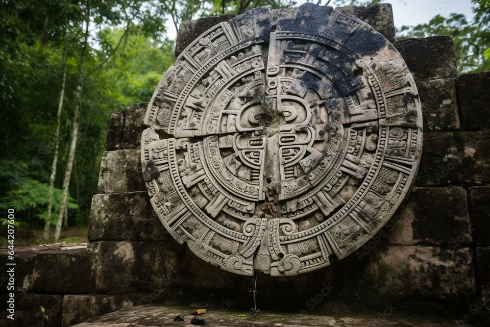 Weathered stone with ancient Mayan calendar etchings. Generative AI