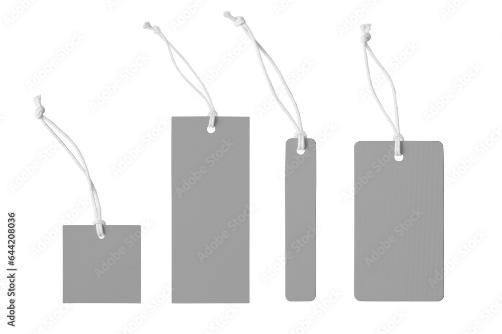 Various shape of blank gray paper label or cloth tag set isolated on white, transparent background, PNG. Price tag mockup template with copy space for brand, information. Shopping, black friday sale Various shape of blank gray paper label or cloth tag set isolated on white, transparent background, PNG. Price tag mockup template with copy space for brand, information. Shopping, black friday sale