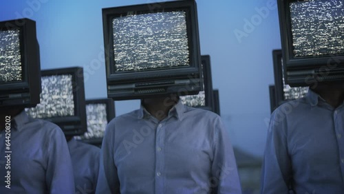 Brainwashed. Surreal crowd of tv head people standing in line. Media manipulation concept. Totalitarian controlled society symbol. Scary future sci-fi video loop. Total invigilation, fake news.