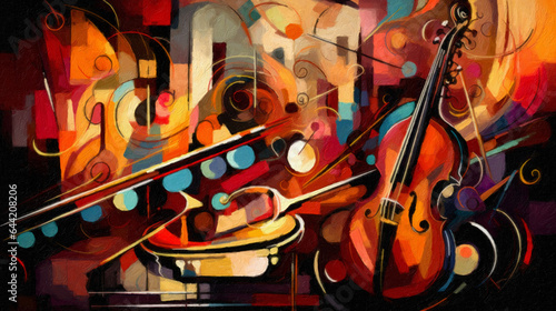 Abstract colorful music background with violin and saxophone, digital painting. AI generative.