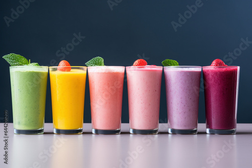 A colorful lineup of refreshing smoothies in various glasses