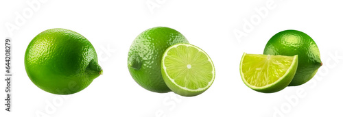 Set of lime isolated on transparent background. Three types of lime full lime, half cut and slice. Concept of healthy fruit and fruit.