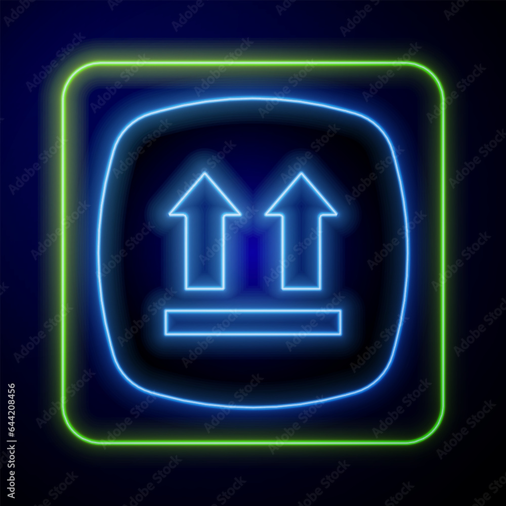 Glowing neon This side up icon isolated on blue background. Two arrows indicating top side of packaging. Cargo handled. Vector Glowing neon This side up icon isolated on blue background. Two arrows indicating top side of packaging. Cargo handled. Vector