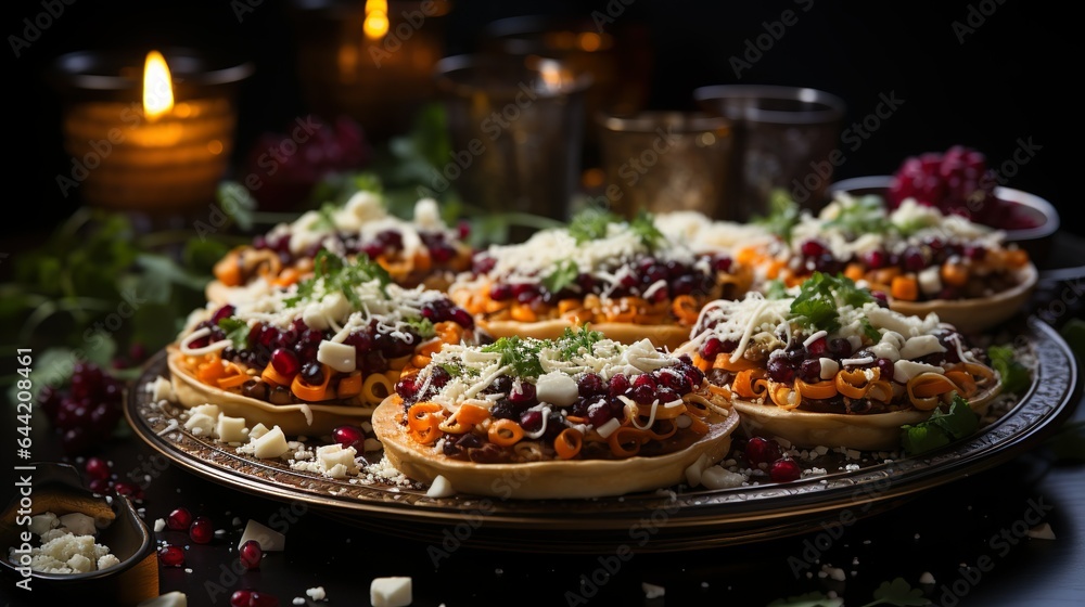 Sopes topped with beans, lettuce, and crumbled cheese on a black plate Sopes topped with beans, lettuce, and crumbled cheese on a black plate