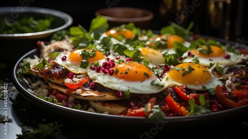 Huevos Rancheros with salsa roja on a black plate