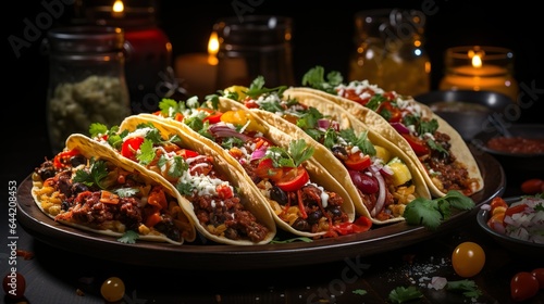 Five mexican tacos with vegetables and sauces on a black plate