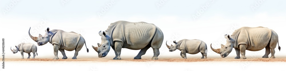 Collection of Rhinos isolated on white background. Wildlife safari banner