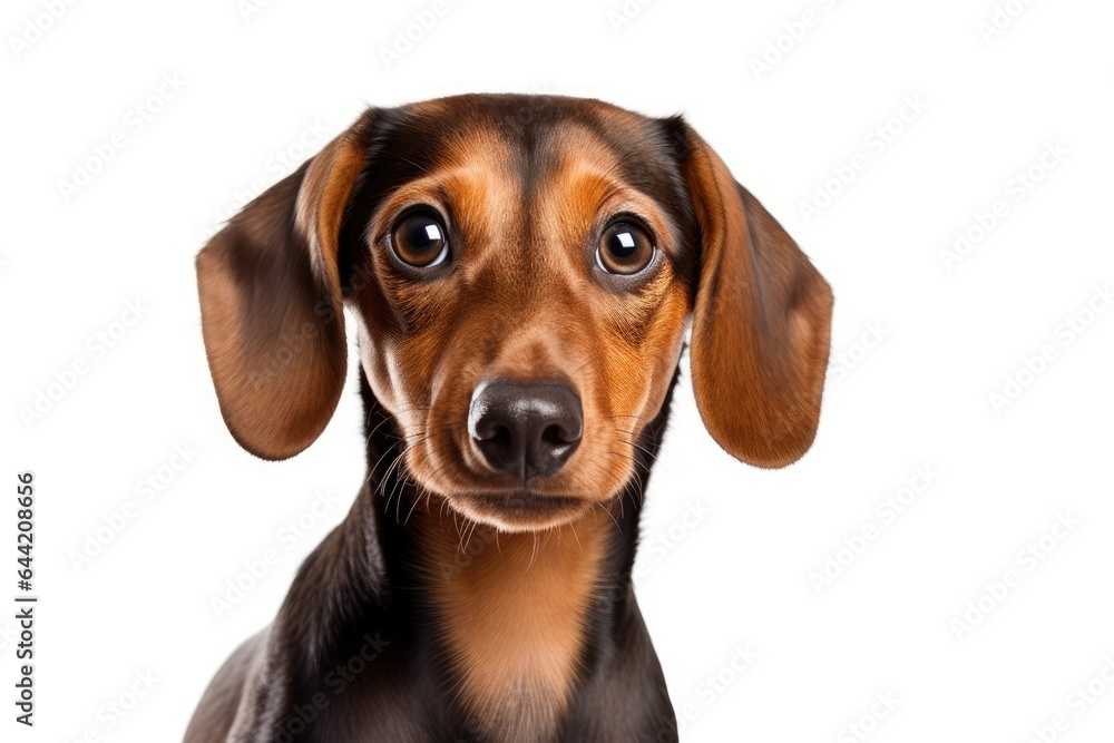 Brown dachshund on a white background. Playful and cute dog