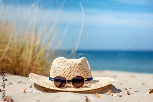 Summer straw hat with sunglasses on the beach