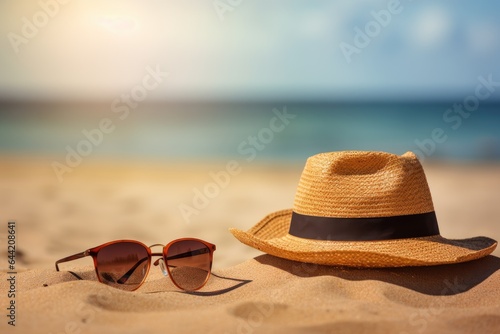 Summer straw hat with sunglasses on the beach