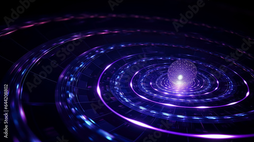 Purple spiral and dark background, neon grids, molecular. 