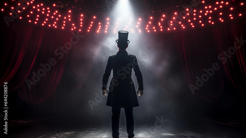 the silhouette of a magician in the circus. magician with a magic hat on stage.