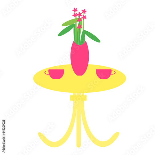 Round table with legs. Table with mugs and a vase. Vase with flowers