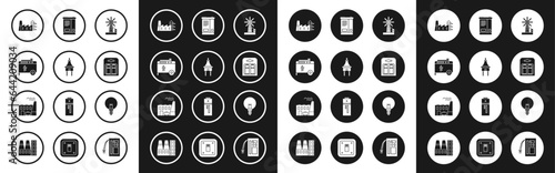 Set Wind turbine, Electric plug, Portable power electric generator, Power station plant and factory, Battery pack, Car battery, Light bulb and Coal icon. Vector