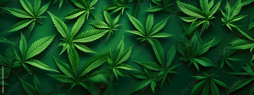 Grüne Cannabisblätter auf grünem Hintergrund - obrazy, fototapety, plakaty 