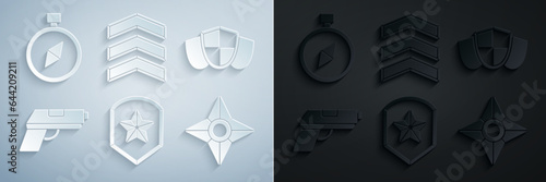 Set Police badge, Shield, Pistol or gun, Japanese ninja shuriken, Military rank and Compass icon. Vector
