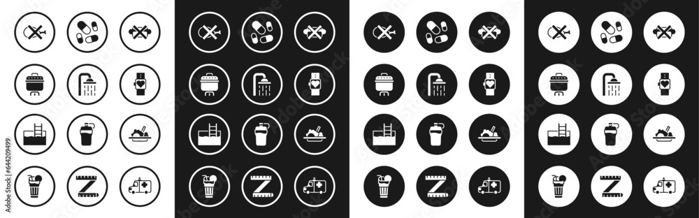 Set No junk food, Shower head, Cooking pot, meat, Smart watch, Vitamin pill, Healthy and Swimming pool with ladder icon. Vector Set No junk food, Shower head, Cooking pot, meat, Smart watch, Vitamin pill, Healthy and Swimming pool with ladder icon. Vector