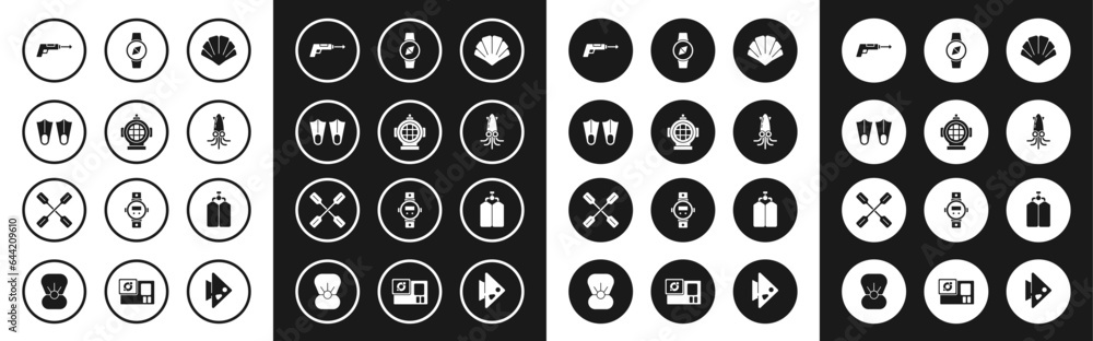 Set Scallop sea shell, Aqualung, Rubber flippers, Fishing harpoon, Octopus, Compass, and Paddle icon. Vector