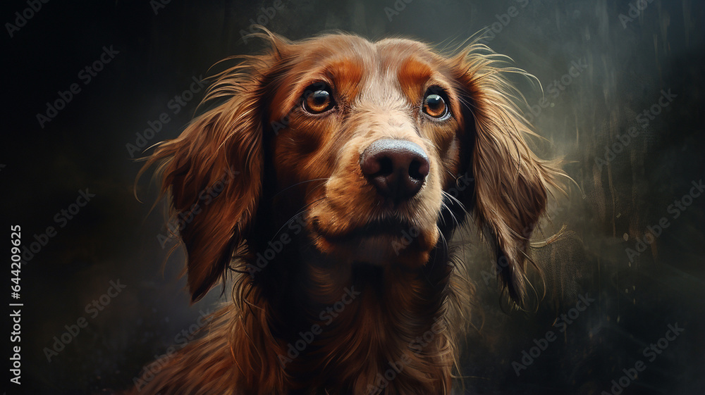 portrait of the dog, breed, cocker spaniel, on a black background, color, painting, painting, color, art, painting,