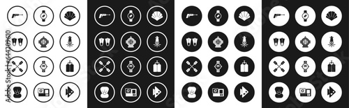 Set Scallop sea shell, Aqualung, Rubber flippers, Fishing harpoon, Octopus, Compass, and Paddle icon. Vector