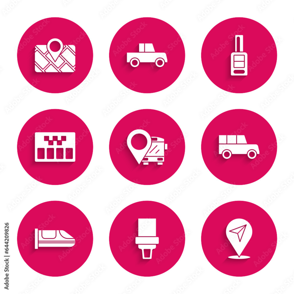 Set Location with bus, Safety belt, Car, High-speed train, Taximeter, key remote and Gps device map icon. Vector Set Location with bus, Safety belt, Car, High-speed train, Taximeter, key remote and Gps device map icon. Vector