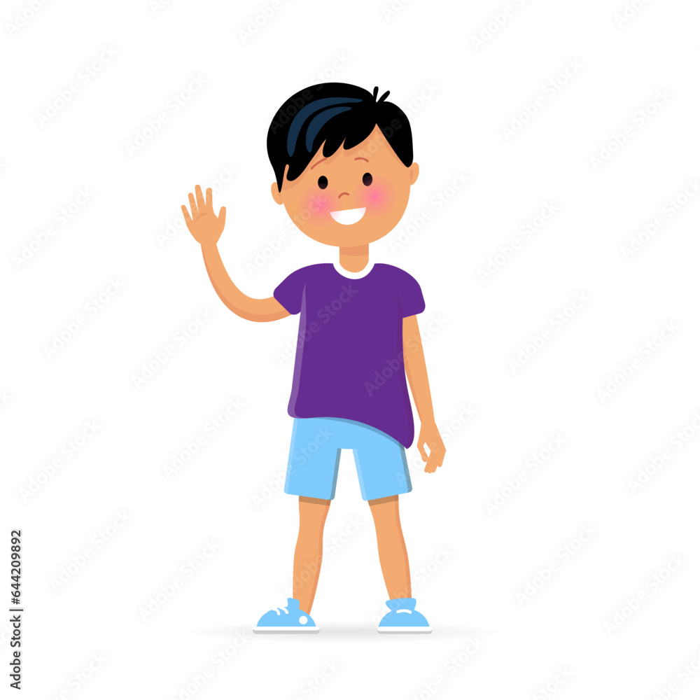 Cheerful boy in shorts and purple t-shirt waving his hand at flat illustration. Little schoolboy character. Vector illustration isolated on white background Cheerful boy in shorts and purple t-shirt waving his hand at flat illustration. Little schoolboy character. Vector illustration isolated on white background