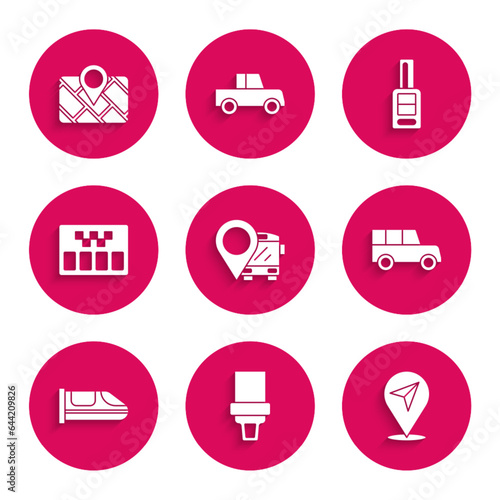 Set Location with bus, Safety belt, Car, High-speed train, Taximeter, key remote and Gps device map icon. Vector