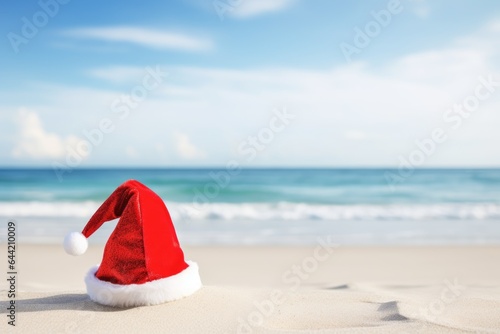 Santa's hat in the sand, beach vacations, christmas and sea concept