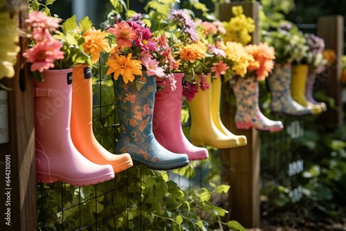 Decorated wellington boots suspended on a garden fence with blooming flowers. Generative AI