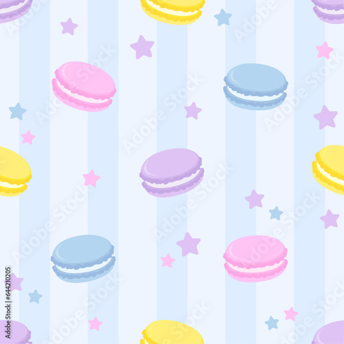 繋がるシームレス素材 / ブルーストライプのかわいいマカロンの背景