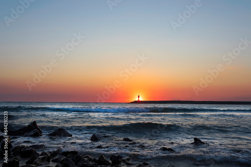 Sunset and sea view. Photo taken with the long exposure technique. Turkey Kusadas   Beach.  