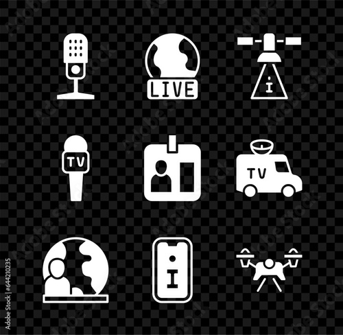 Set Microphone, Live report, Satellite, World news, Information, Drone, and Journalist id card icon. Vector