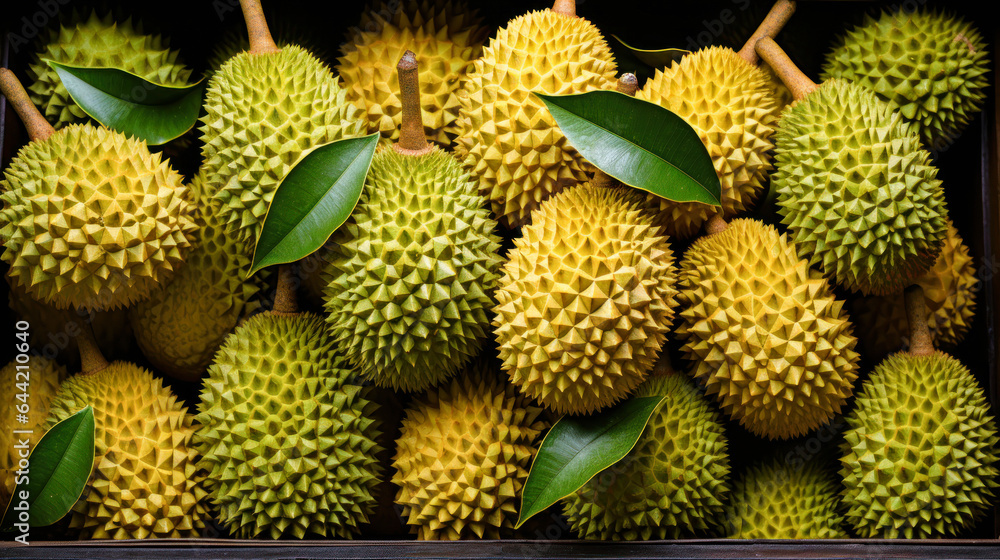 Fresh Durian Pile: Top-View Texture with Water Spots Fresh Durian Pile: Top-View Texture with Water Spots