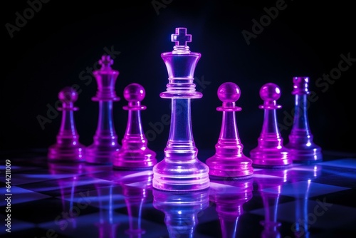 Neon chess leadership symbolizes success in business, with a self-illuminating background. Generative AI