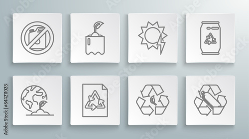 Set line Earth globe and plant, Sprout in bottle, Paper with recycle, Recycle symbol leaf, Recycling plastic, Solar energy panel, Can can and No canister for gasoline icon. Vector