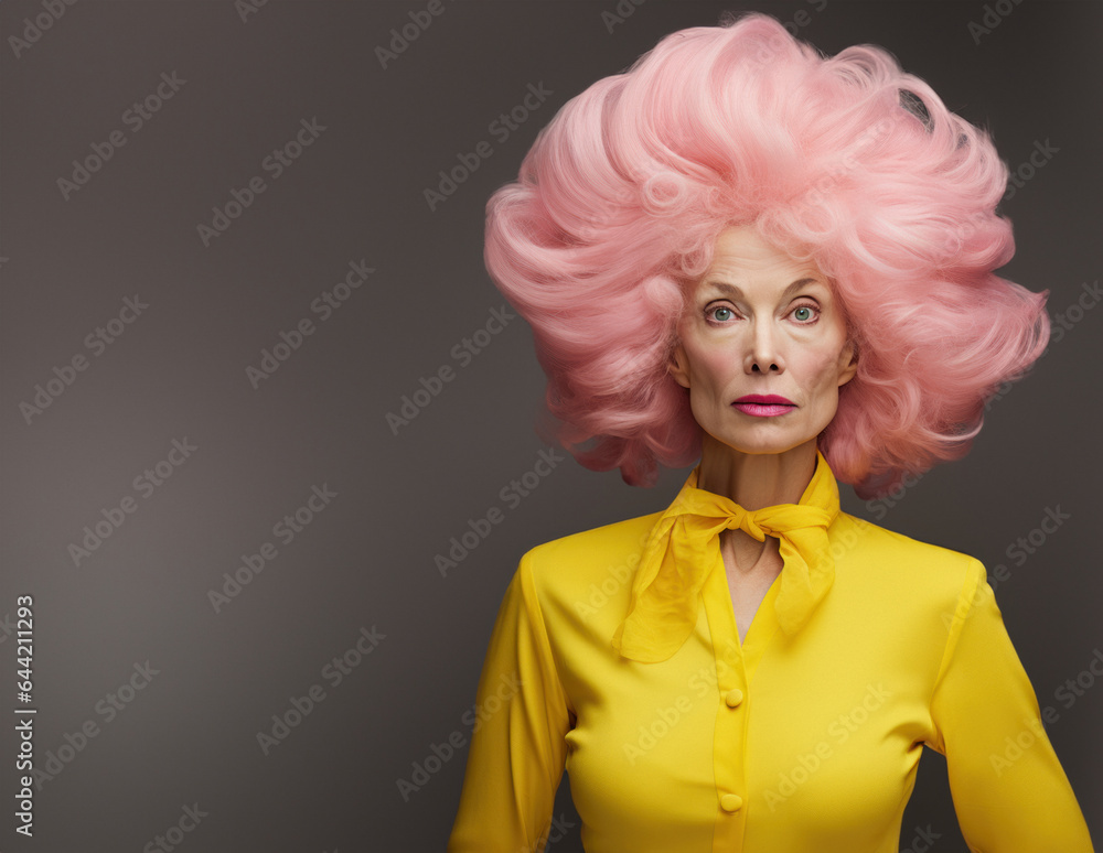 Close-up photo of an amazing charming European pink curly haired old woman, Pink hair and yellow dress, poster banner header with copy space