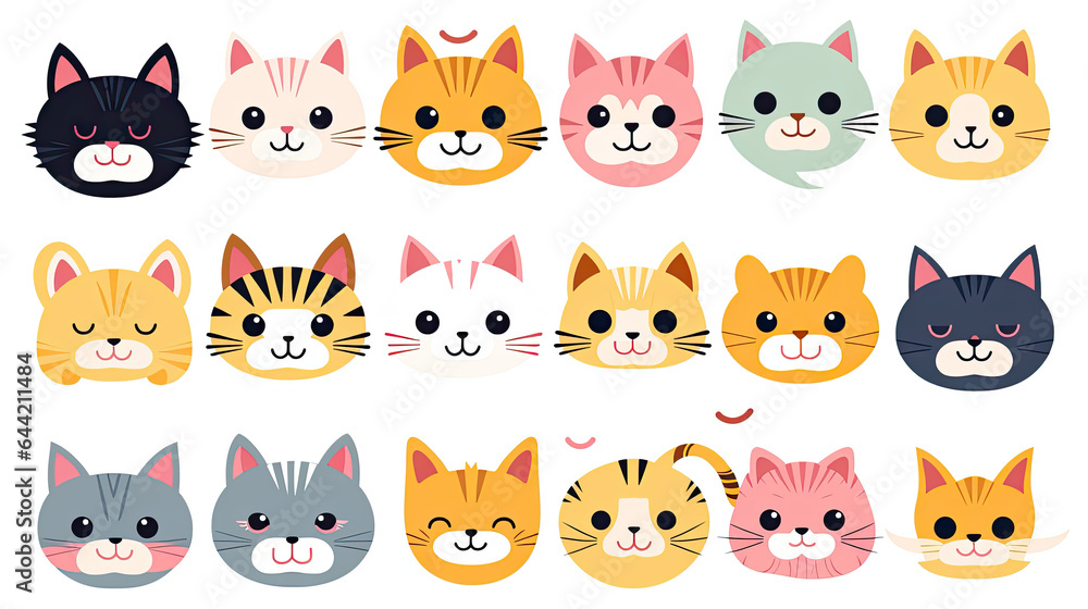 Funny cat animal head cartoon set in modern flat illustration style. Cute kitten pet collection, diverse breeds - domestic cats bundle.
