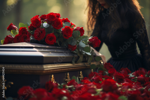 Young woman in black dress with red roses in a coffin, funeral concept