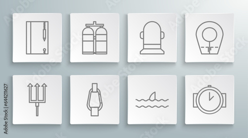 Set line Neptune Trident, Aqualung, Carabiner, Shark fin ocean wave, Diving watch, Buoy, hood and Underwater note book and pencil icon. Vector