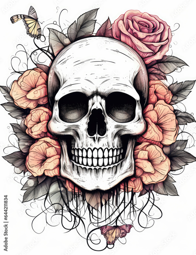 Fototapeta premium Skull Black and White Line Surrounded with Roses
