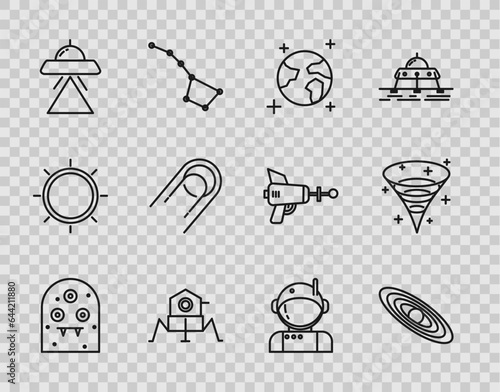 Set line Alien, Planet, Earth globe, Mars rover, UFO flying spaceship, Satellite, Astronaut and Black hole icon. Vector