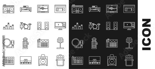 Set line Guitar pedal, Music stand, Video recorder or editor software on monitor, Sound audio laptop, Drums, equalizer, DJ remote for playing mixing music and Stereo speaker icon. Vector