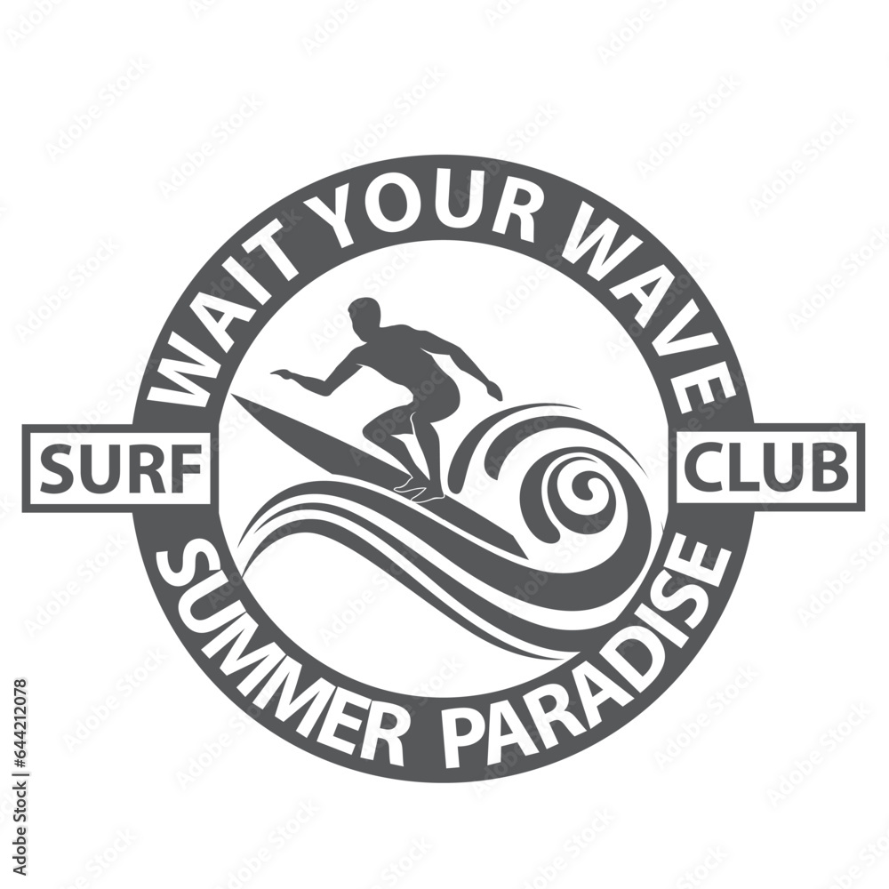 surfing man emblem with sea wave isolated on white background surfing man emblem with sea wave isolated on white background